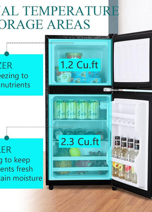 3.5 Cu.Ft Refrigerator with Freezer, 2 Doors Fridge with Adjustable Thermostat Control, Refrigerator for Kitchen, Dorm, Apartment, Garage, Office, Silver