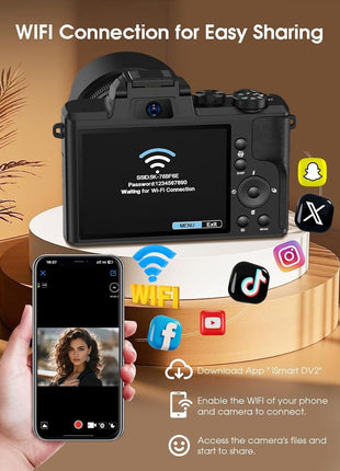 8K Digital Camera, 88MP Cameras for Photography with WiFi & Touch Screen, 16X Zoom Vlogging Camera for YouTube Video, Autofocus & Anti-Shake, Dual Camera, 2 Batteries, 64GB Card, Flash, Lens Hood