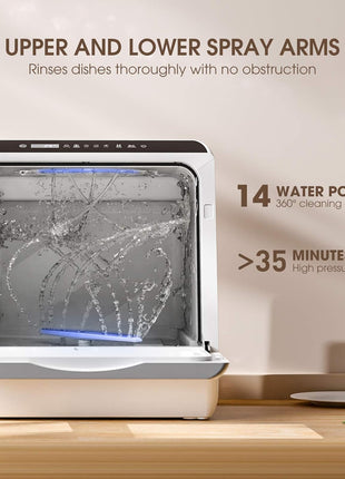 NOVETE Portable Countertop Dishwashers, Compact Dishwashers with 5L Built-in Water Tank & Inlet Hose, 5 Washing Programs, Baby Care, Air-Dry Function and LED Light for Small Apartments
