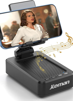 JTEMAN Cell Phone Stand with Bluetooth Speaker, HD Stereo Sound & Anti-Slip Base, Foldable Adjustable Desktop Phone Holder for Home Office, Cool Tech Gadgets Birthday Gifts for Men Women (Black)