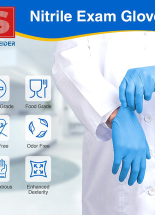 Schneider Nitrile Exam Gloves - M, 100-ct Box,Blue Disposable Gloves, Latex Free, Powder Free, Medical Glove for Cooking, Cleaning, Examination