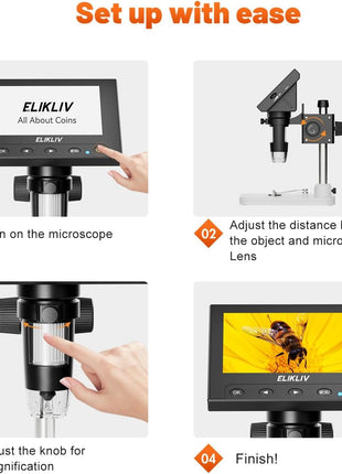 Elikliv Microscope, LCD Digital Coin Microscope 1000x, Coin Magnifier with 8 Adjustable LED Lights, PC View Compatible with Windows/MacBook, EDM4, 4.3-Inch