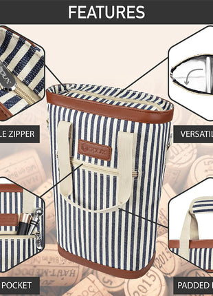 opux Two Bottle Wine Bag Carrier Tote, Insulated Leakproof 2 Bottle Wine Cooler Bag for Travel BYOB Picnic, Portable Wine Case, Gift for Men Women Wine Lover Birthday Party Christmas, Navy Stripes
