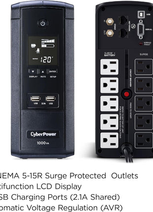 CyberPower BRG1000AVRLCD Intelligent LCD UPS System, 1000VA/600W, 10 Outlets, AVR, Mini-Tower, 5-Year Warranty