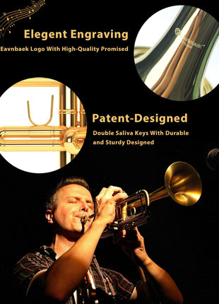 Eavnbaek Bb Standard Trumpet Set for Beginner or Advanced Student, Brass Student Trumpet Instrument with Hard Case, Cleaning Kit, 7C Mouthpiece and Gloves (Gold)