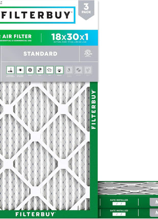 Filterbuy 18x30x1 Air Filter MERV 8 (MPR 700) Dust Defense Replacement (3-Pack), Electrostatic Pleated HVAC AC Furnace Filters, Made in USA (Actual Size: 17.75 x 29.75 x 0.75)