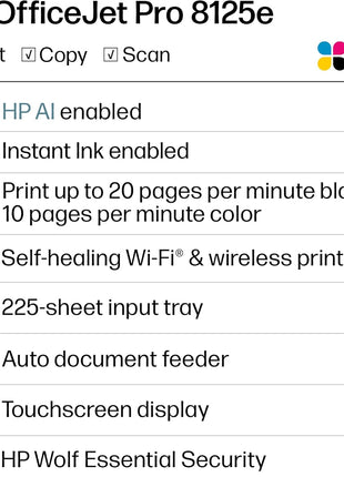HP OfficeJet Pro 8125e Wireless All-in-One Color Inkjet Printer, Print, scan, Copy, ADF, Duplex Printing, Home & Office, 3 Months of Instant Ink Included (405T6A)