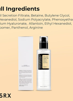 COSRX Snail Mucin 96% Repairing Serum, Hydrating Serum for Face with Snail Secretion Filtrate for Dull Skin & Fine Lines, 100ml, Korean Skin Care