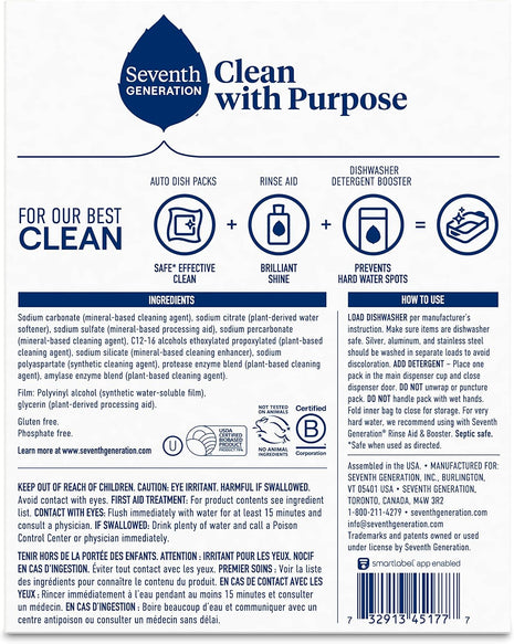 Seventh Generation Dishwasher Detergent Packs, Free & Clear, 45 Count, Pack of 2, Plant Powered Cleaning, Fights Greasy Reside & Stuck-On Food For Sparkling Dishes, Fragrance-Free & Septic Safe