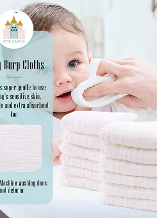 Cute Castle 12 Pack Muslin Burp Cloths for Baby - Ultra-Soft 100% Cotton Baby Washcloths - Large 20'' by 10'' Super Absorbent Milk Spit Up Rags - Burpy Cloths for Unisex, Boy, Girl - White