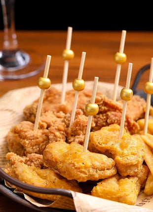 200 Pcs Cocktail Picks, 4.7 Inch Toothpicks for Appetizers, Bamboo Cocktail Sticks Skewers for Drinks, Desserts, Charcuterie, Wedding Party Fancy Toothpicks, Gold Pearl Mini Food Picks Decorative
