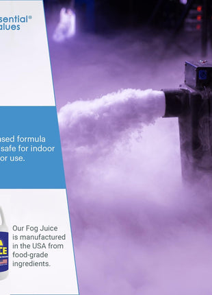 ESSENTIAL VALUES Fog Machine Fluid (128 FL OZ / 1 Gal) Fog Juice Long-Lasting Medium Density Liquid for Water Based Foggers, Perfect for 400 Watt to 1500 Machines, Outdoor or Indoor, Made in USA