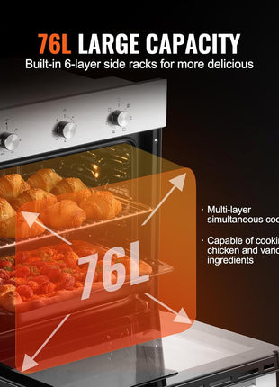 VEVOR Single Wall Oven, 2.68 Cu.Ft Electric Wall Ovens with Timer, 24" Built-in Electric Wall Oven with 6 Cooking Functions, Mechanical Knob Control Convection Wall Oven with Baking Rack and Tray