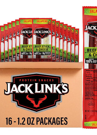 Jack Link's Jalapeno Beef & Cheese Combo, Spicy Snack Pack, Made with 100% Beef and Real Wisconsin Cheese, 8g protein, Individually Wrapped Snacks - 1.2 Ounce (Pack of 16)