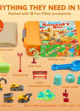 JOVA Klever Kits Construction Sensory Bin for Toddlers with Glow in The Dark Stones, Sandbox with Lid Castle Building kit, Preschool Learning Activities Gifts for Boys Girls Age 3+