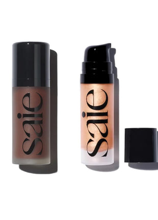 Saie Radiant Glow Duo - Dew Bronze Soft-Focus Liquid Bronzer in Sail (0.4 oz) & Mini Glowy Super Gel Lightweight Illuminator in Sunglow (0.5 oz), Hydrating Makeup Essentials for a Sun-Kissed Glow