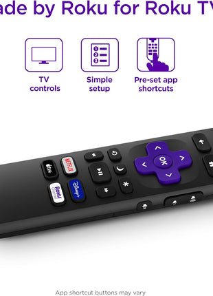 Roku TV Remote Control (Official Manufacturer Product) | Simple Setup & Pre-Set App Shortcuts - Replacement Remote Compatible with RokuTV Models ONLY (Not Roku Players)