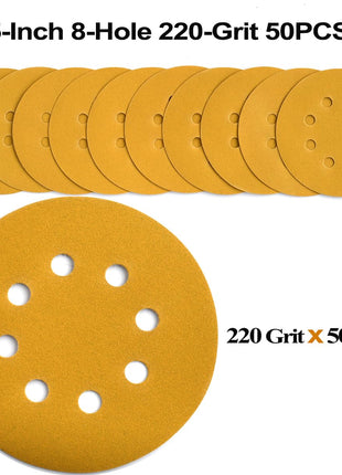Aiyard 5-Inch 8-Hole Hook and Loop Sanding Discs 220-Grit Random Orbit Sandpaper, 50-Pack