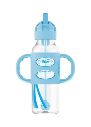 Dr. Brown's Milestones Narrow Sippy Straw Bottle, Spill-Proof with 100% Silicone Handles and Weighted Straw, 8 oz/250 mL, Blue/Gray, 6m+