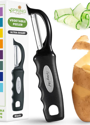 Spring Chef Premium Swivel Vegetable Peeler, Soft Grip Handle and Ultra Sharp Stainless Steel Blades   Perfect Kitchen Peeler For Veggie, Fruit, Potato, Carrot, Apple   Black