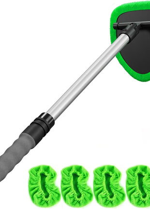 Windshield Cleaner Tool with Extendable Aluminum Handle (Up to 19.7"), Streak-Free Auto Glass Cleaning Kit with 4 Thick Microfiber Pads & Spray Bottle, Inside Window Defogger Accessories