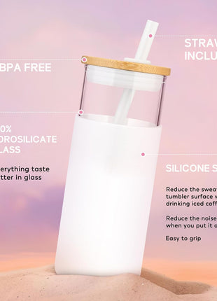 Tronco 20 oz Glass Tumbler with Lid and Straw, Iced Coffee Cup and Smoothie Cup with Bamboo Lids & Protective Silicone Sleeve, Dishwasher Safe, BPA-Free, Glass Cup 1 Pack