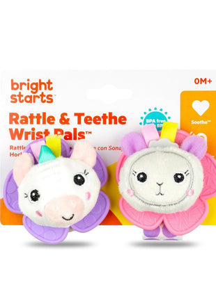 Bright Starts Rattle & Teethe Wrist Pals Toy, Unicorn & Llama, Newborn+, 2 Count