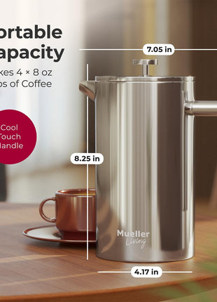 MuellerLiving French Press Coffee Maker 34oz, Stainless Steel French Press Coffee, 4 Filter Heat Resistant Double Insulated, Rust Free, Food Grade, Dishwasher Safe Coffee Pot