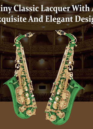 Mendini By Cecilio Alto Saxophone for Beginners, E Flat Tenor Saxophone for Students Musicians with Tuner, Mouthpiece, Case, 10 Reeds, Grease, Cleaning Cloth & Rod, Gloves, Strap, Lesson Book (Green)