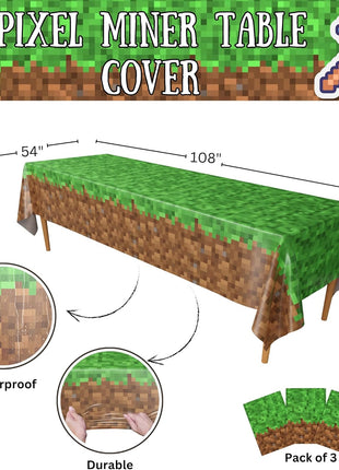 Blue Orchards Pixel Miner Table Cover (Pack of 3) - 54"x108" XL - Gamer Party Supplies, Mining Craft Party Decorations