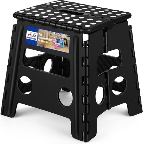 ACKO 13 Inch Folding Step Stool, Holds 300 lb for Adults and Kids, Black | Collapsible Heavy Duty Foldable Stools, Portable Non-Slip Foot Stepping stool, Kitchen Bathroom Bedroom Outdoor with Handle