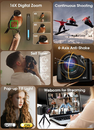 8K Digital Camera, 88MP Cameras for Photography with WiFi & Touch Screen, 16X Zoom Vlogging Camera for YouTube Video, Autofocus & Anti-Shake, Dual Camera, 2 Batteries, 64GB Card, Flash, Lens Hood