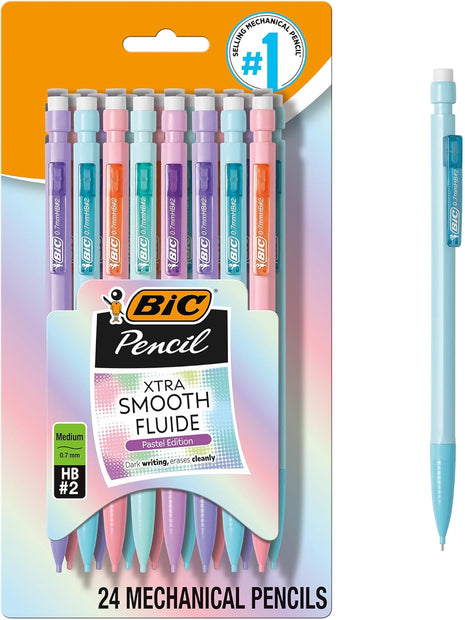 BIC Xtra-Smooth Pastel Mechanical Pencils, Medium Point, 0.7mm, 24-Count | Bulk Pack for School or Office Use | Smooth Writing Experience | No. 2 Lead for Standardized Tests