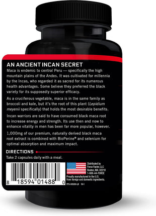 Force Factor Black Maca Root Vitality Supplement for Men with Superior Absorption and Power, Natural Maca Negra Extract, Fundamentals Series, 1000mg, 60 Capsules (Pack of 3)