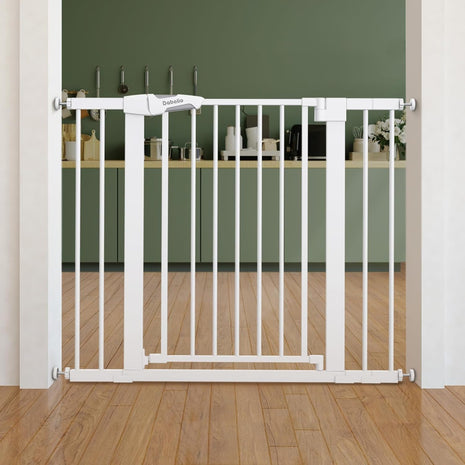Babelio Pressure Mounted Baby Gate for Stairs, 26-40 in PressGuard Dog Gate | Triple-Lock, Pressure/Wall Mount No Drilling, Heavy Duty, Auto Close, Easy Install for Doorways/Kitchens/Hallway, White