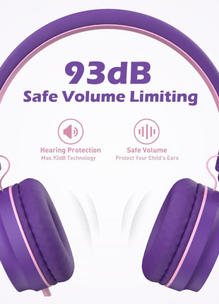 Kids Headphones, Wired Headphones for Kids On Ear with Microphone, 93dB Volume Limiter Headphone for Girls Boys, Foldable Lightweight Headphone for School Learning & Entertainment, Pink Purple