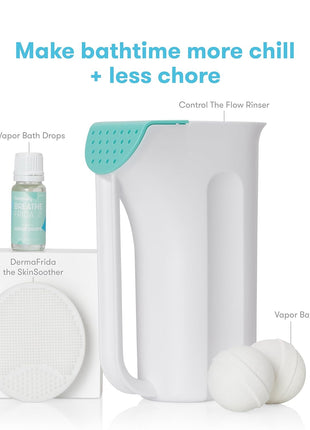 Frida Baby Baby Bath Upgrade Kit | Infant and Toddler Bath Essentials, Rinser Cup, Baby Bath Silicone Brush, Bath Bombs, Essential Oil Vapor Drops, white