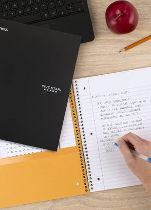Five Star Spiral Notebook  Study App, 5 Subject, College Ruled Paper, 8-1/2 inch x 11 inch, 200 Sheets, Fights Ink Bleed, Water Resistant Cover, Black (72081)