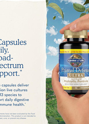Garden of Life Primal Defense Ultra, 15 Billion CFU Plus HSOs, 216 Capsules | For Digestive Health and Gut Health Balance, 15 Billion CFU and 13 Strains Plus HSOs, Vegetarian and Gluten Free