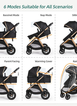 6-in-1 Convertible Baby Stroller with Bassinet Pushchair - Folding Infant Newborn Stroller w/Footmuff, Rain Cover, Cup Holder & Large Storage, Toddler w/All-Scene Large Wheels, Reversible Seat(Black)