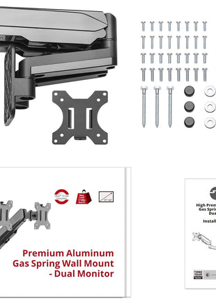 SIIG Dual Arm Monitor Wall Mount for 17 inch to 32 inch Screens, Up to 17.6lbs per Monitor, Heavy Duty Aluminum Gas Spring with Rotation, Tilt, Swivel, VESA 75x75 or 100x100 (CE-MT2M12-S1)