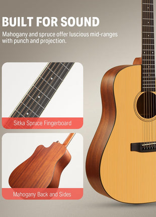 Donner 41 Acoustic Guitar Bundle for Beginners Adults with Online Lesson, 4/4 Full Size Steel Acustica Guitarra with Gig Bag, Tuner, Strap, Strings, Picks, Capos, Cutaway, Natural, DAG 1C/DAD 110C