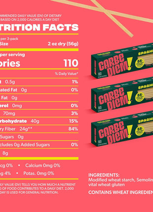 Carbe Diem!, Spaghetti, Lower Net Carb Pasta with Traditional Flavor & Texture, 8 grams of Protein, 55% Fewer Net Carbs & Only 110 Calories Per Serving, Pack of 3