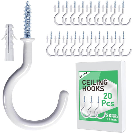 20 Pcs Ceiling Hooks for Hanging Plants 2.9" White Vinyl Coated | Heavy Duty, Rust Proof, Hanging Hooks For Christmas Lights, Cups, Decors, Screw in Plant Hanger Hook, Indoor, Outdoor