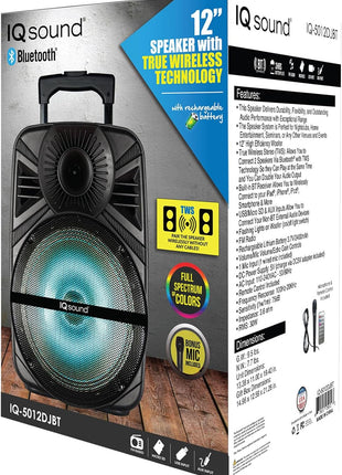 IQ Sound IQ-5012DJBT 12-inch Portable Bluetooth Speaker with True Wireless Technology, 12" High Efficiency Woofer, BT Receiver, FM Radio, RMS: 30 W, Flashing Lights, USB/Micro SD /AUX/Mic Inputs
