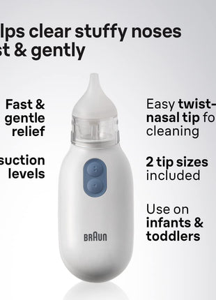 Braun Electric Nasal Aspirator - Mucus Remover, Blocked Nose Relief for Newborn, Baby and Toddler, Electric Suction Power, 2 Suction Levels, 2 Nose Tip Sizes, Dishwasher Safe, FSA and HSA Eligible