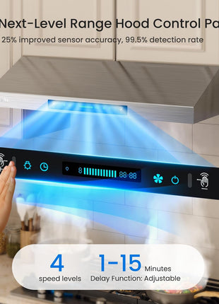 30 Inch Under Ducted Cabinet Range Hood with 1200 CFM, 3 Speed Gesture Sensing Kitchen Exhaust Hood & Touch Control Panel, Stainless Steel Stove Vent Hood with 2 LED Lights