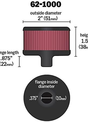 K&N Vent Air Filter/ Breather: High Performance, Premium, Washable, Replacement Engine Filter: Filter Height: 1.5 In, Flange Length: 0.875 In, Shape: Breather, 62-1000
