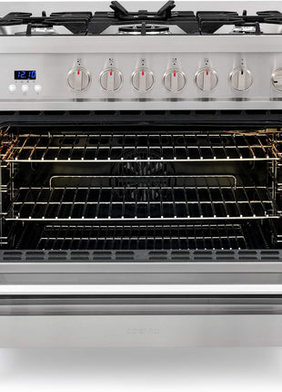 36 in. Nebula Coll 4.4 cu ft 5 Burner Gas Range Convection, Stainless Steel | Cosmo COS-965AGFC Oven Fan Circulation, Cast Iron Grates, Digital Display with Timer, Metal Knobs, Liquid Propane Convertible