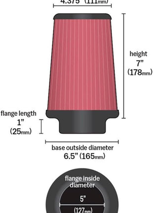 K&N High-Flow Original Lifetime Universal Clamp-On Air Filter: High Performance, Premium, Washable: Flange Diameter: 5 In, Filter Height: 7 In, Flange Length: 1 In, Shape: Round Tapered, RU-2800